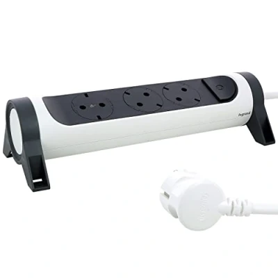 Afbeelding van LEGRAND, Draaibare stekkerdoos, 3 voudig stopcontact, wand of tafelmontage, led aan/uit schakelaar, m kabel, ultrawit/donkergrijs, 694535