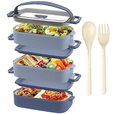 Afbeelding van OITUGG Lunchbox 3 Laags Bento Box 2200ml Volwassene met compartimenten Verstelbaar en Bestek Lekvrij, BPA Vrij, Magnetronbestendig,Groot 19,5x11,2x15cm,Blauw
