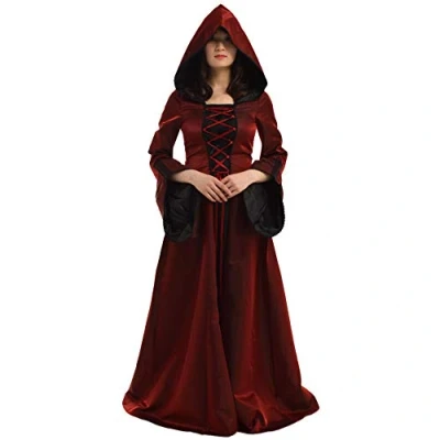 Afbeelding van BLESSUME Middeleeuwse renaissance jurk met capuchon voor dames, uitlopende mouw, cosplay kostuum, Bourgondy, M