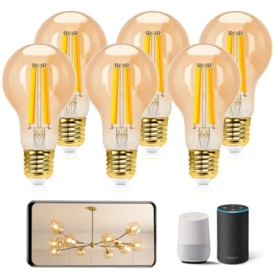Afbeelding van Aigostar Slimme Lampen 6W Wifi Filament Lamp E27 ledlamp A60 Edison Gloeilamp dimbaar 2700K 6500K compatibel met Alexa en Google Assistant, Goud 6 Stuks