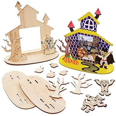 Afbeelding van Baker Ross FX187 Spookhuis en Houten Fotolijst Pakketten Set van 4, Kinderen Halloween Decoratie Knutselset, Kunst Knutselen met Hout