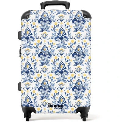 Afbeelding van NoBoringSuitcases.com Grote koffer Barok patroon blauw geel Kinderkoffer geschikt voor jongen en meisjes Reiskoffer met 4 wielen Trolley op wieltjes Rolkoffer groot kinderen 72 liter Ruimbagage valies 20kg