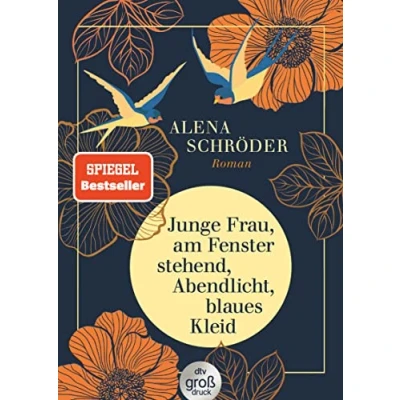 Afbeelding van Junge Frau, am Fenster stehend, Abendlicht, blaues Kleid: Roman &#039;Eine berührende Jahrhundertgeschichte&#039; BRIGITTE in großer Schrift