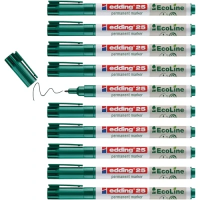 Afbeelding van edding 25 Ecoline permanent marker groen 10 stiften fijne ronde punt 1 mm sneldrogende watervast en wrijfvast voor karton, kunststof, hout, metaal universele