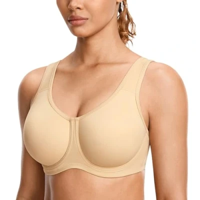 Afbeelding van SYROKAN Sportbeha Vrouwen Max Control Solid High Impact Plus Size Onderdraad Sport BH met beugel voor grote maten Tan Milkshake 95E