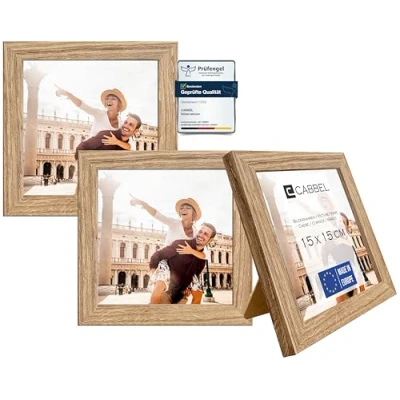 Afbeelding van CABBEL Verpakking van 3 stuks Fotolijst 15x15 cm, MDF houten lijst in eik, met onbreekbaar plexiglas, modern