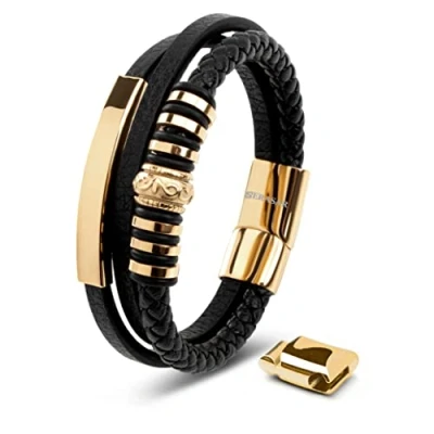 Afbeelding van SERASAR Armband Leer voor Heren Goud 20cm Lederen Leren Mannen Mannenpolsband Cadeau Man Armversiering Sieraden Vlechtarmband Wikkelarmband Ketting Leather Bracelet Men