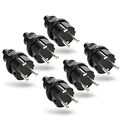 Afbeelding van ABSINA Rubberen geaarde stekker met knikbescherming, 6 stuks, tweepolig, 250 V, 16 A en 3,7 kW, 1P44, zwart, schukostekker voor buiten