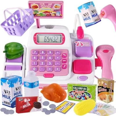 Afbeelding van BUYGER 34 stuks elektronische kassa speelgoed supermarkt registratiekassa met scanner microfoon koopwinkel accessoires rollenspel voor meisjes en jongens vanaf 3 jaar (roze), 25 x 12 16 cm