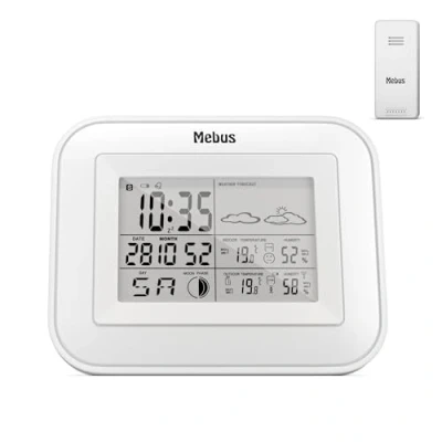 Afbeelding van MEBUS Funk Wetterstation mit Außensensor, Komfortindikator, Temperatur, Luftfeuchtigkeit (innen und außen), Raumthermometer, Wettervorhersage, Mondphasen, Farbe: Weiß, Modell: 40649