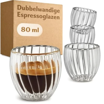 Afbeelding van Cosumy Espressokopjes Glas Dubbelwandige 80ml Set von 4 Warmte isolerend Zwevend effect Geribbeld design Hittebestendig Vaatwasmachinebestendig