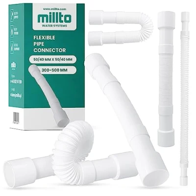 Afbeelding van Millto™ Flexibele afvoerbuis, 50/40 mm, wit, polypropyleen aansluiting, universele verbindingsslang, geschikt voor alle configuraties, verstelbaar