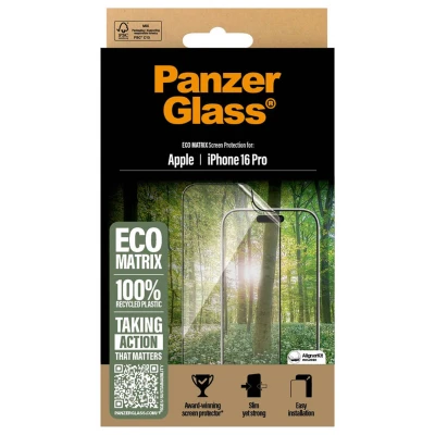 Afbeelding van Screenprotector Apple iPhone 16 Pro: PanzerGlass Matrix Recycled Ultra Wide Fit Anti Bacterial incl. applicator Plastic