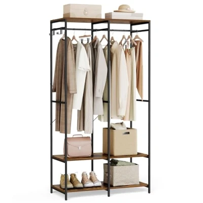 Afbeelding van SONGMICS Open kledingkast, kledingrek, kledingstandaard met kledingstang, planken, afneembare haken, 40 x 94,5 180 cm, vintage bruin RGR004B01