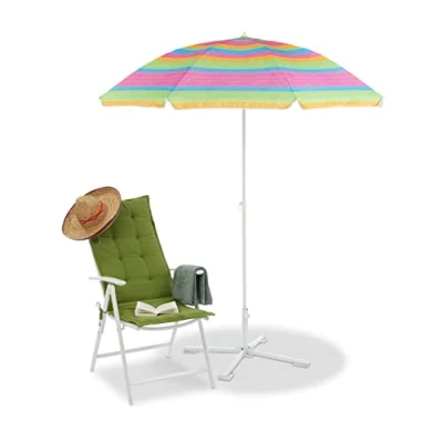 Afbeelding van Relaxdays strandparasol gestreept 2m parasol zonnebescherming tuin uitschuifbaar
