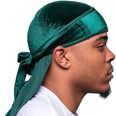 Afbeelding van Veeta Superior Velvet Durag Zachte Fluwelen Durags voor Mannen &amp; Vrouwen, Lange Dubbele Brede Banden, Zijdeachtige Liner, Drievoudig Gestikt, Groen, Eén maat