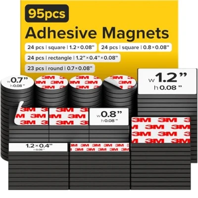 Afbeelding van 95 magnetische vierkanten, rechthoeken en cirkels met zelfklevende achterkant Peel &amp; Stick stippen pleinen flexibele kleverige magneten vellen zijn alternatief voor stickers, tape etiketten
