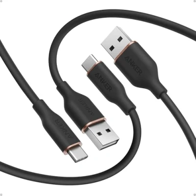Afbeelding van ANKER Flow kabel, USB A naar C set van 2 stuks, 180 cm, oplaadkabel, voor Samsung Galaxy S23/S22, Note20/10 serie, iPad Pro 12,9 inch, HTC en meer (in zwart, kabelbinder inbegrepen)