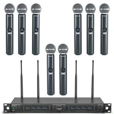 Afbeelding van Phenyx Pro Draadloos microfoonsysteem 8 kanalen, dynamische microfoons, auto scan, x 40 instelbare UHF 328 ft, ideaal voor zang, kerk, karaoke (PTU 6000 8H)