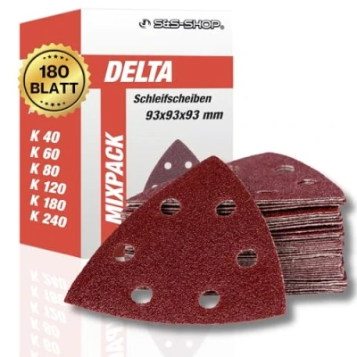 Afbeelding van Deltaschuurdriehoeken met klittenband, 180 vellen, 93 x mm, 6 gaten, elk 30 korrel 40 60 80 120 240, voor deltaschuurmachine en multischuurmachine, schuurpapier, stofafzuiging