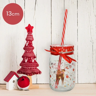 Afbeelding van Glazen limonadebeker kerst met hertje en rietje 7,3 x 13 cm