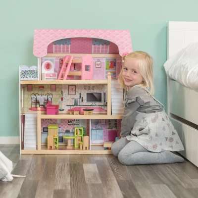 Afbeelding van Bandits &amp; Angels houten poppenhuis Villa 3 jaar 70 cm hoog inclusief 15 meubeltjes roze