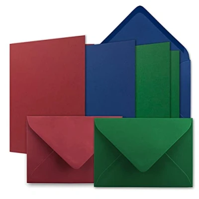 Afbeelding van Kaartenset, DIN B6, donkerrood, donkergroen, donkerblauw, vouwkaarten met enveloppen, 3 kleuren, 12 x 17 cm en 12,5 17,5