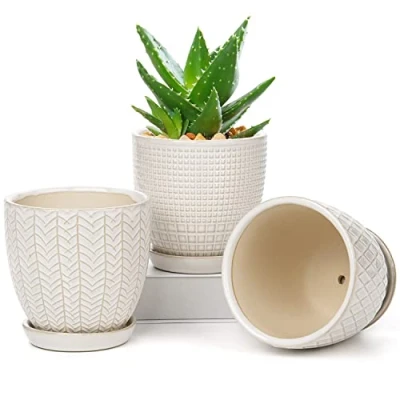 Afbeelding van Oiarse 3 stuks plantenpotten indoor keramische bloempotten ronde tuinbakken met schotel lade + drainagegaten, vetplantpot/cactus plantenpot, 11 cm