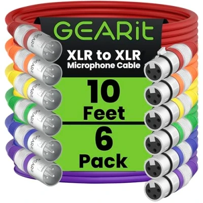 Afbeelding van GearIT XLR naar microfoonkabel (10 voet, 6 Pack) mannelijk vrouwelijk 3 pins gebalanceerde afgeschermde kabel voor microfoonmixer, opnamestudio, podcast meerkleurig