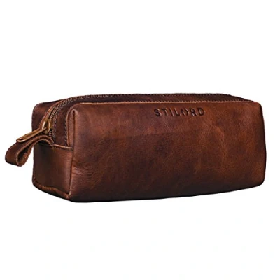 Afbeelding van STILORD &#039;Linus&#039; etui leder vintage heren pennenbakje vierkant pennenbakje, Kleur:cognac donkerbruin