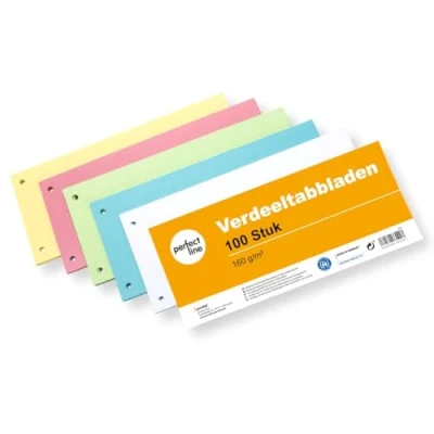 Afbeelding van perfect line 100 verdeeltabbladen voor A4 mappen, verdeelschotten van gerecycled karton, made in Germany, 5 kleuren, geperforeerd