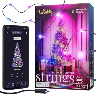 Afbeelding van Twinkly Strings Parels 100 LED, LED Lichtsnoer in Parelvorm, RGB Multicolor Lichtsnoer, Compatibel met Alexa, Google Home, Ledverlichting, USB C voeding, Groene Draad, 6m