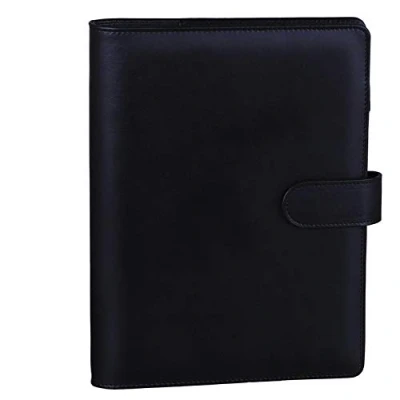 Afbeelding van HAUTOCO A5 ringmap van PU leer, omslag voor navulbaar papier, notitieboek, planner, organizer, ringband met magnetische sluiting, zwart