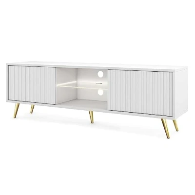 Afbeelding van Selsey Tv kast, board, sideboard, televisietafel met lamellen, 135 cm, gouden poten, wit, Bello