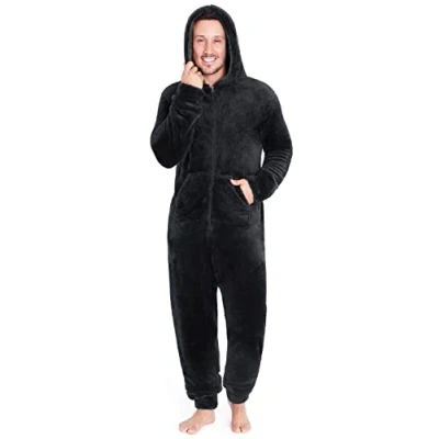 Afbeelding van CityComfort Onesies voor heren en tieners, loungewear, knusse fleece herenpyjama, alles in één jumpsuit, nachtkleding, Zwart, XXL