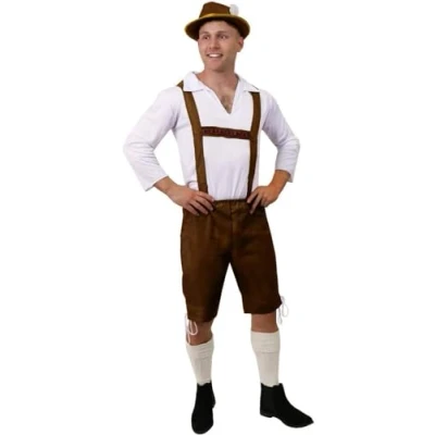 Afbeelding van Heren Beierse kostuum Groot Bruine Lederhosen stijl broek met traditioneel wit overhemd Oktoberfest Fancy Dress