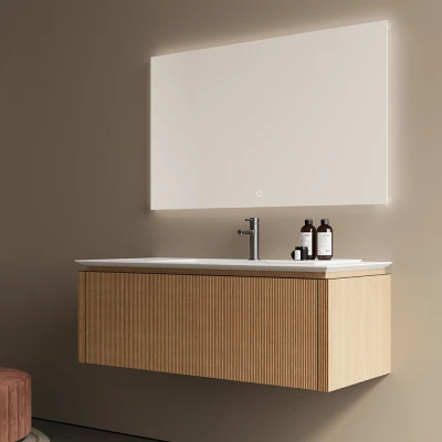 Afbeelding van Aurelie badkamermeubelset 120 cm, 1 lade, wastafel, LED spiegel rood eiken