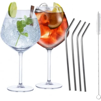 Afbeelding van Set van 4x Gin Tonic Cocktailglazen met rietjes RVS