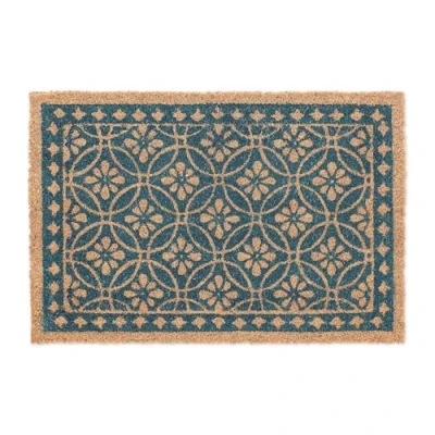 Afbeelding van Relaxdays deurmat floraal, kokosmat met bloemenpatroon, binnen en buiten, antislip onderzijde, 60 x 40 cm, blauw/natuur