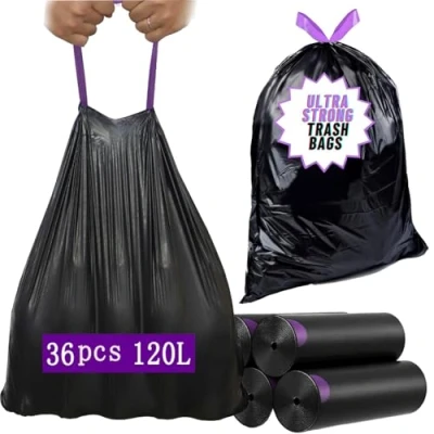 Afbeelding van Afvalzakken met recycling trekkoord, vuilniszakken 110 l, 80 x 100 cm, 36 stuks, vuilniszakken/hygiënische zakken, veilig en scheurvast, voor zwaar afval van huis tuin, zwart