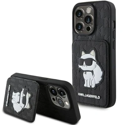 Afbeelding van Karl Lagerfeld Saffiano Kaartslots en Standaard Monogram Choupette Case voor iPhone 15 Pro Max Zwart