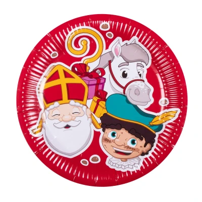 Afbeelding van Sinterklaas kartonnen bordjes rood 10x stuks 18 cm Feestbordjes