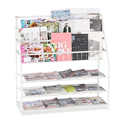Afbeelding van Relaxdays XL tijdschriftenrek, HBD: 96 x 97 37 cm, tijdschriftenhouder metaal, vrijstaand voor woonkamer, wit
