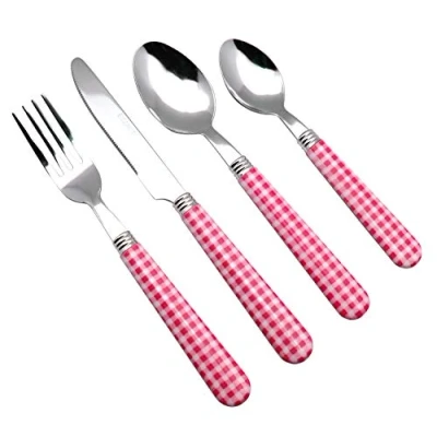Afbeelding van Color roestvrijstalen bestekset, 24 stuks, 6 x tafelvorken, tafelmessen, diner lepels, theelepels (roze)
