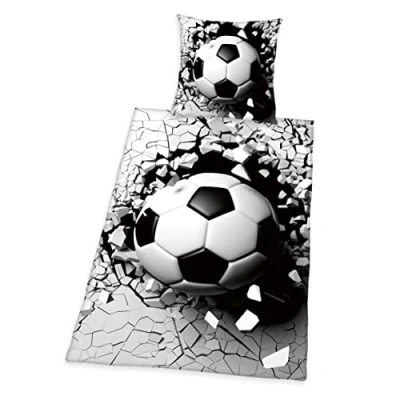 Afbeelding van Herding Beddengoedset met 3D effect, voetbal, kussensloop 70 x 90 cm, dekbedovertrek 140 200 soepel lopende ritssluiting, 100% katoen/renforcé, grijs/wit