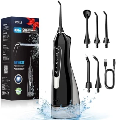 Afbeelding van COSLUS Draadloze draagbare elektrische tandenreiniger, waterreservoir van 300 ml, oplaadbare tanddouche, dubbele watertanden, flosser, IPX7 waterdicht, testwinnaar voor reiniging op reis