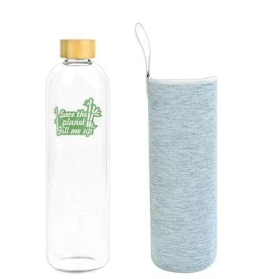 Afbeelding van Glazen waterfles 1,5 liter 1500 ml met bamboedeksel van borosilicaatglas neopreen hoes grijs, milieuvriendelijk, Save the Planet Fill Me Up, recyclebaar, herbruikbaar, niet giftig, BPA vrij