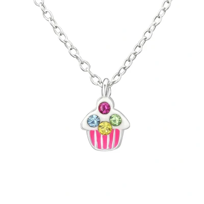 Afbeelding van JoyS Zilveren petit cupcake hanger 6 x 7 mm met ketting 39 cm voor kinderen