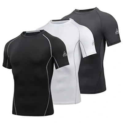 Afbeelding van AMZSPORT Heren compressieshirt korte mouwen T shirts sneldrogend gym lopen functioneel ondergoed, Verpakking van 3: zwart + wit grijs, M