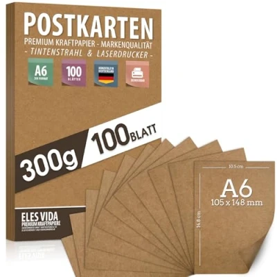 Afbeelding van Blanco kraftpapier, ansichtkaarten om te bedrukken, doe het zelf DIN A6 set, 300 g, 10,5 x 14,8 cm, 100 stuks, kartonnen vellen van kraftkarton printen, papier, knutselen, voor